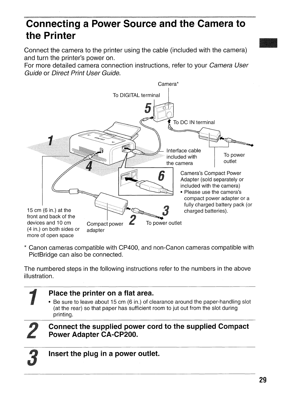 Connecting printer to power, Connecting camera to printer | Canon SELPHY CP400 User Manual | Page 30 / 97