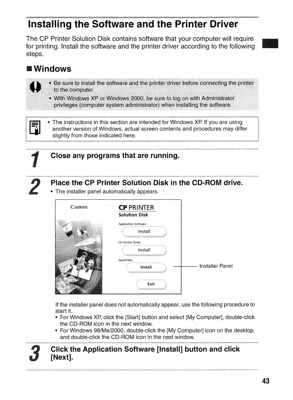 Installing software, Windows users | Canon SELPHY CP400 User Manual | Page 44 / 97