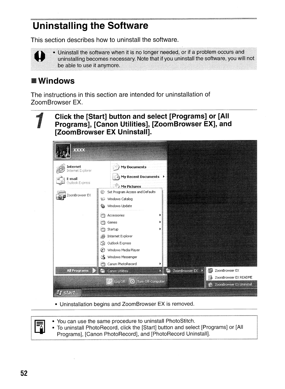 Uninstalling software | Canon SELPHY CP400 User Manual | Page 53 / 97