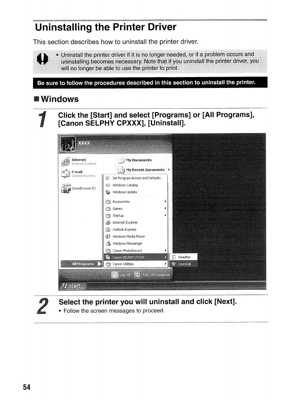 Uninstalling driver | Canon SELPHY CP400 User Manual | Page 55 / 97