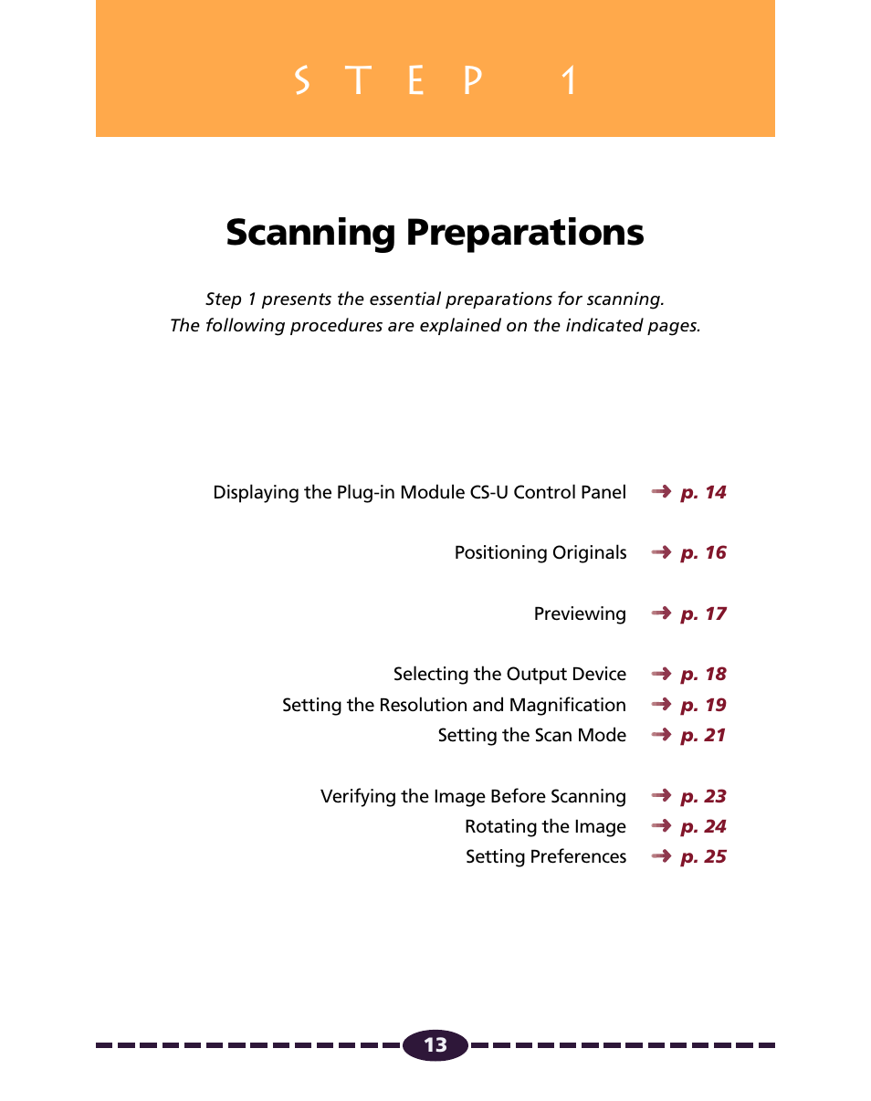 Step 1 scanning preparations, P. 13, Scanning preparations | Canon N650U User Manual | Page 13 / 67