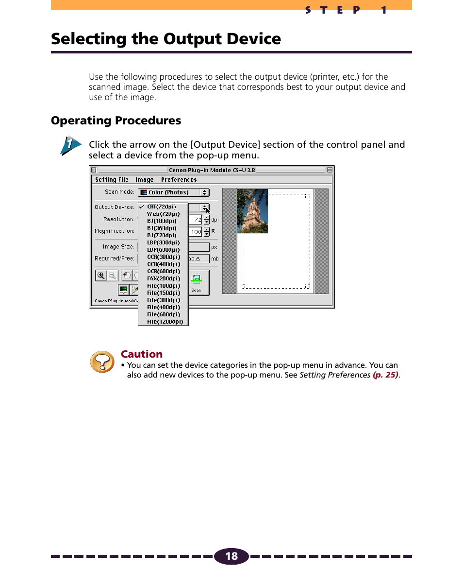 Selecting the output device, P. 18, Pp. 18-22 | P. 18), Operating procedures | Canon N650U User Manual | Page 18 / 67