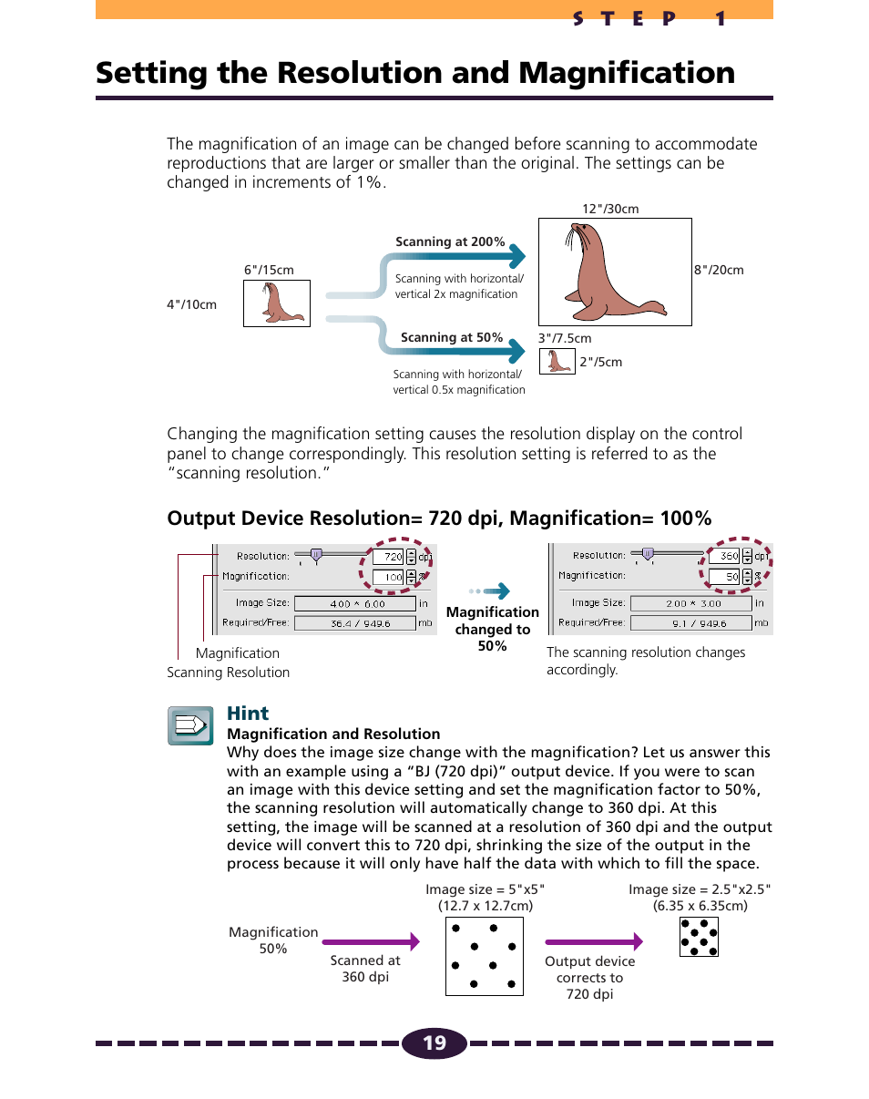 Setting the resolution and magnification, Pp. 19-20, P. 19 | P. 19), Of the output image display, Hint | Canon N650U User Manual | Page 19 / 67