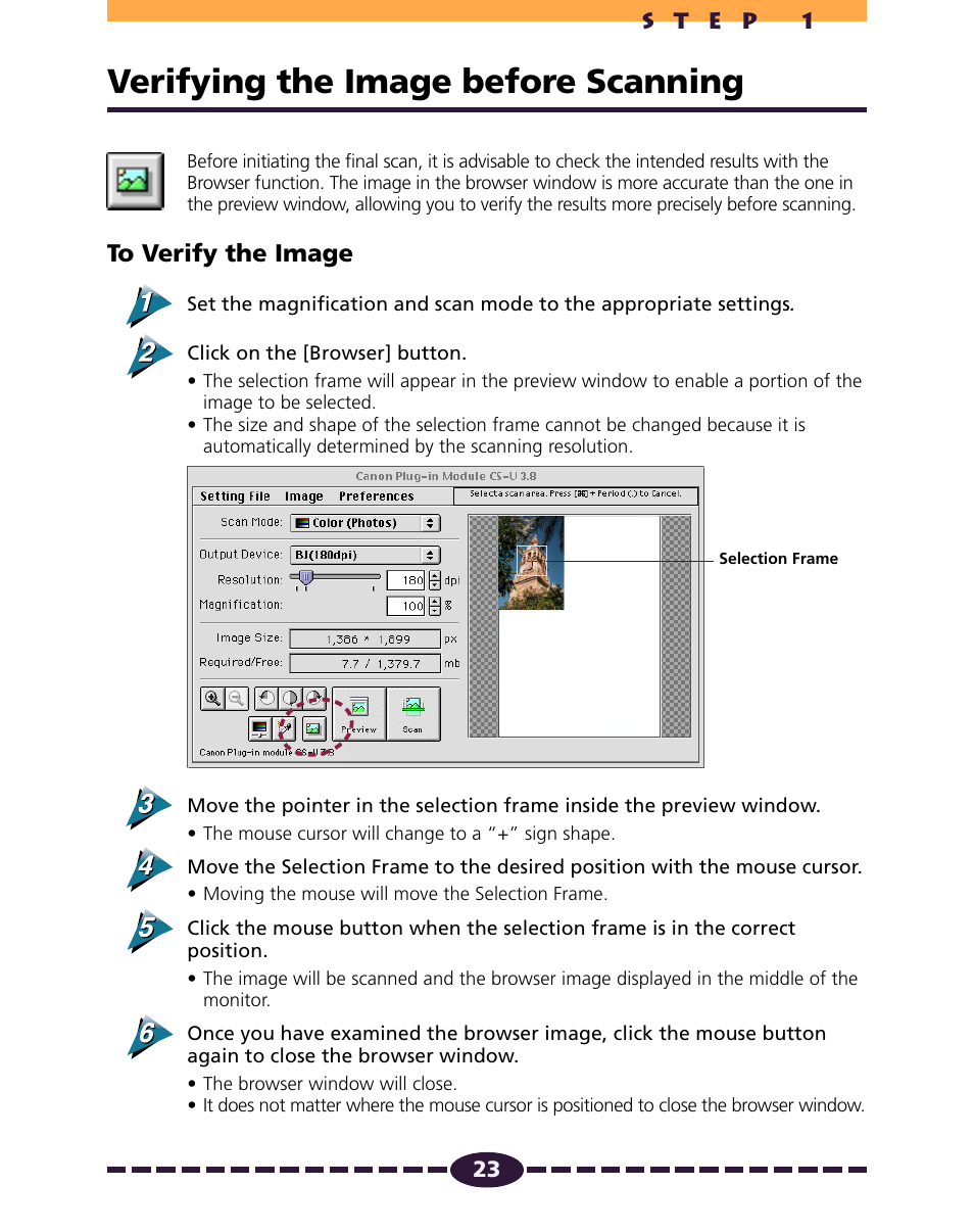 Verifying the image before scanning, P. 23 | Canon N650U User Manual | Page 23 / 67