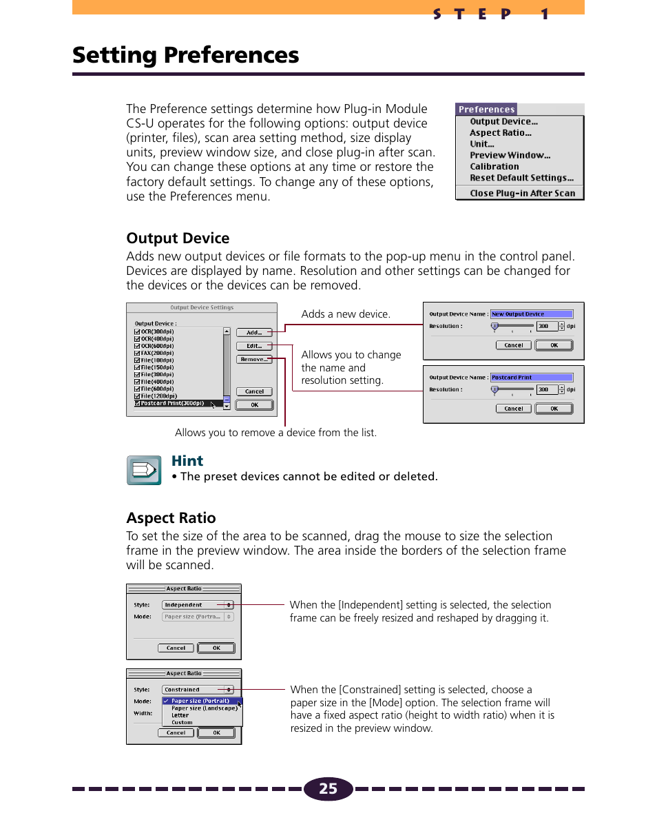 Setting preferences, Output device, Aspect ratio | Pp. 25-28, P. 25 | Canon N650U User Manual | Page 25 / 67