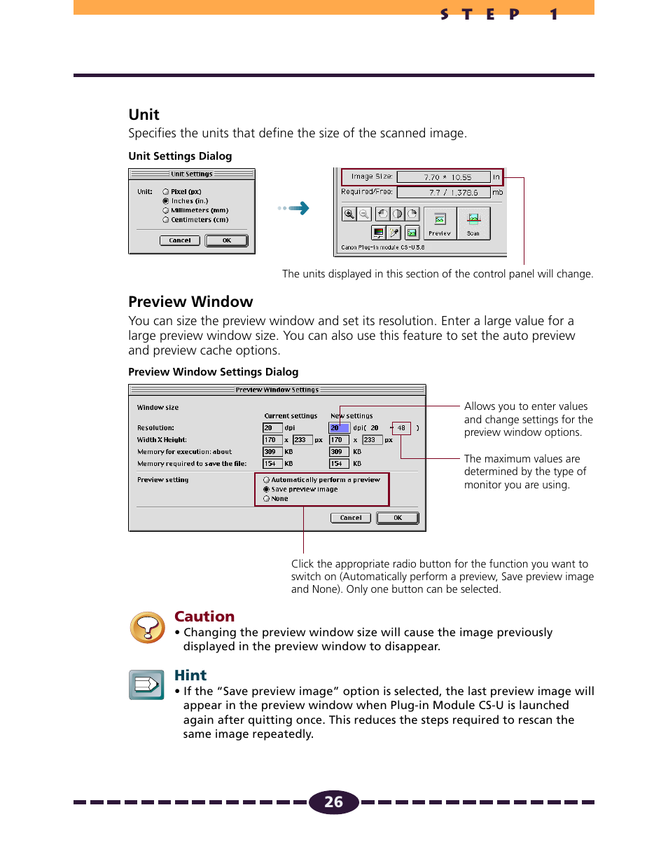 Unit, Preview window, In the preview window settings dialog | P. 26) | Canon N650U User Manual | Page 26 / 67
