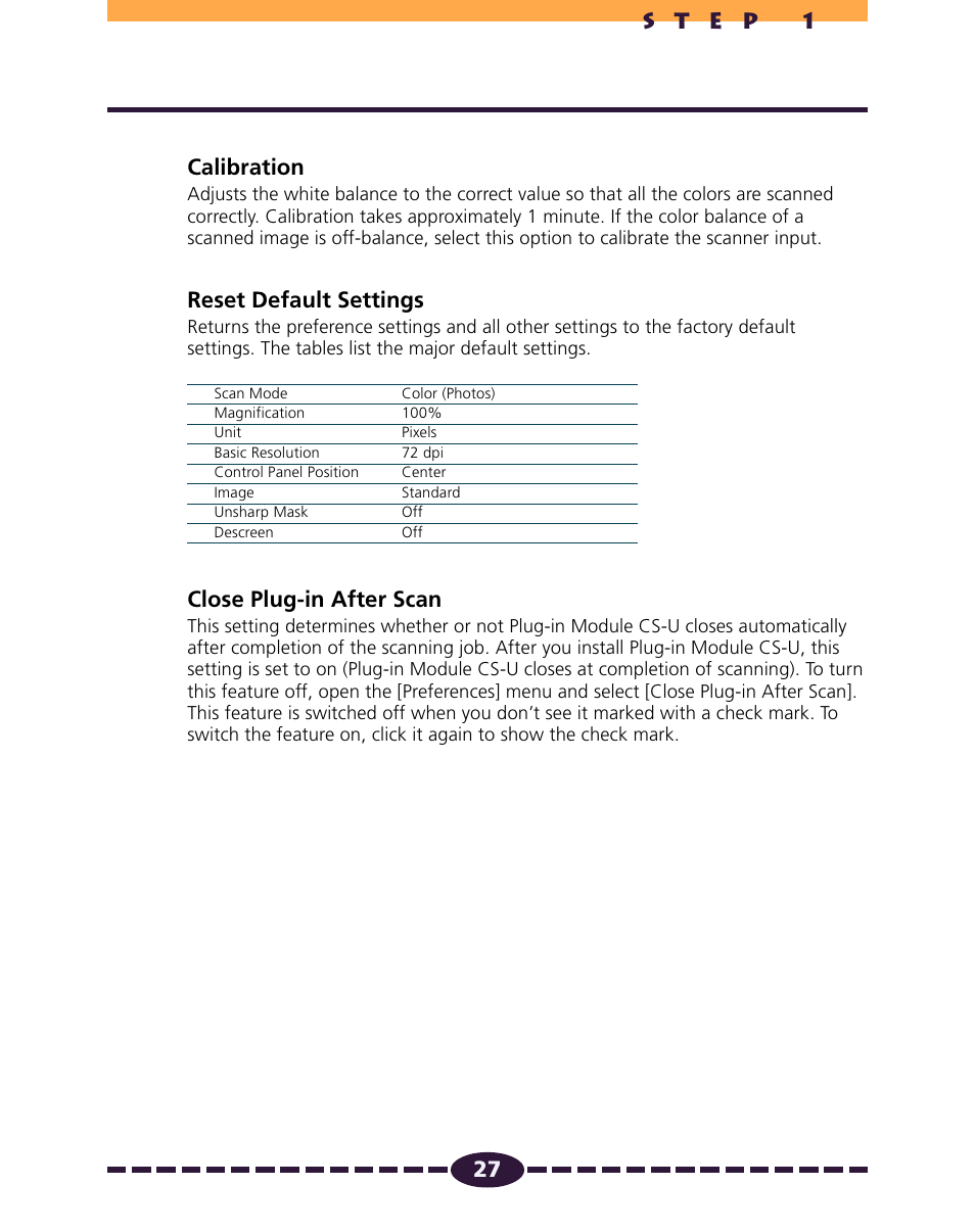 Calibration, Reset default settings, Close plug-in after scan | P. 27) | Canon N650U User Manual | Page 27 / 67