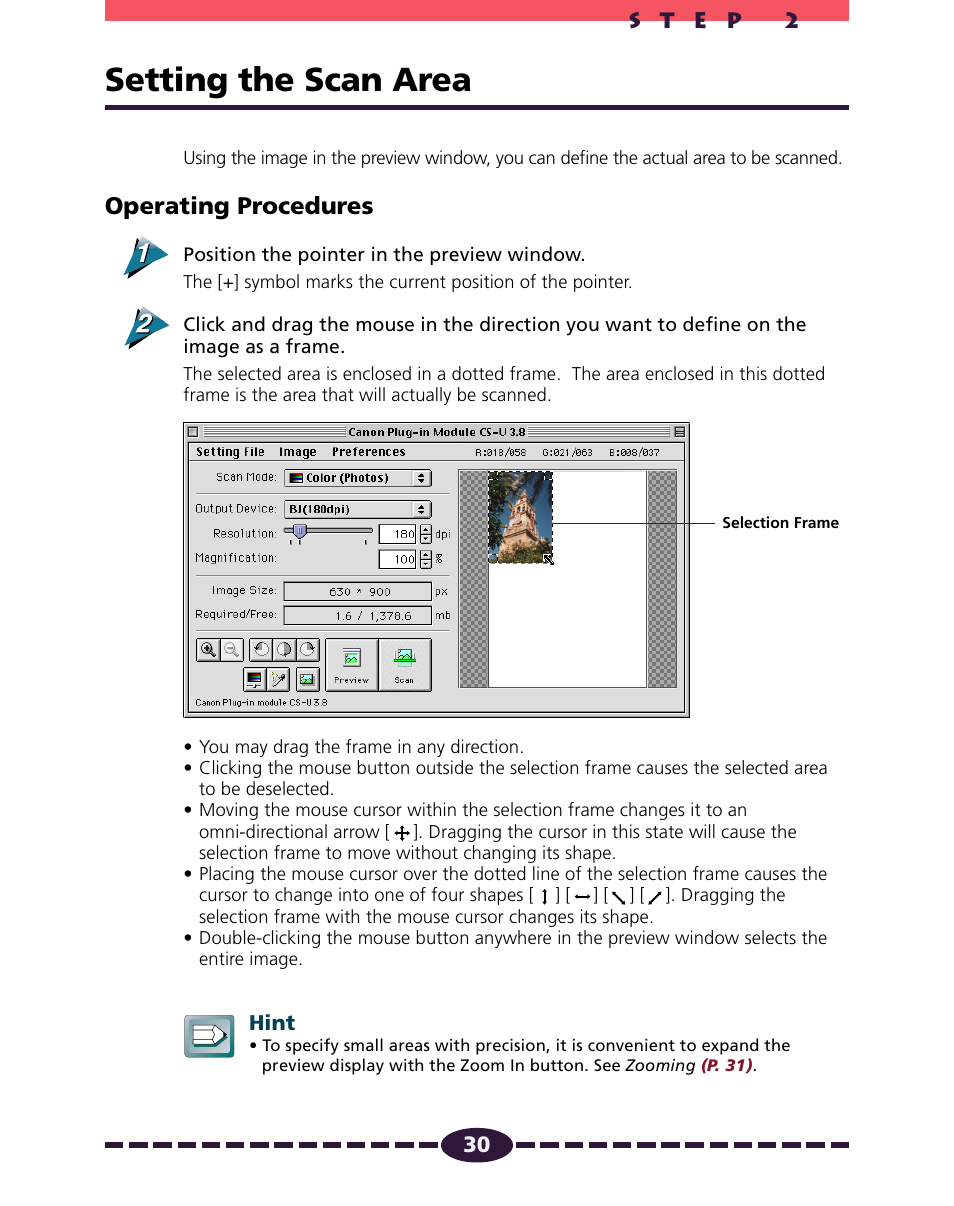 Setting the scan area, P. 30, Operating procedures | Canon N650U User Manual | Page 30 / 67