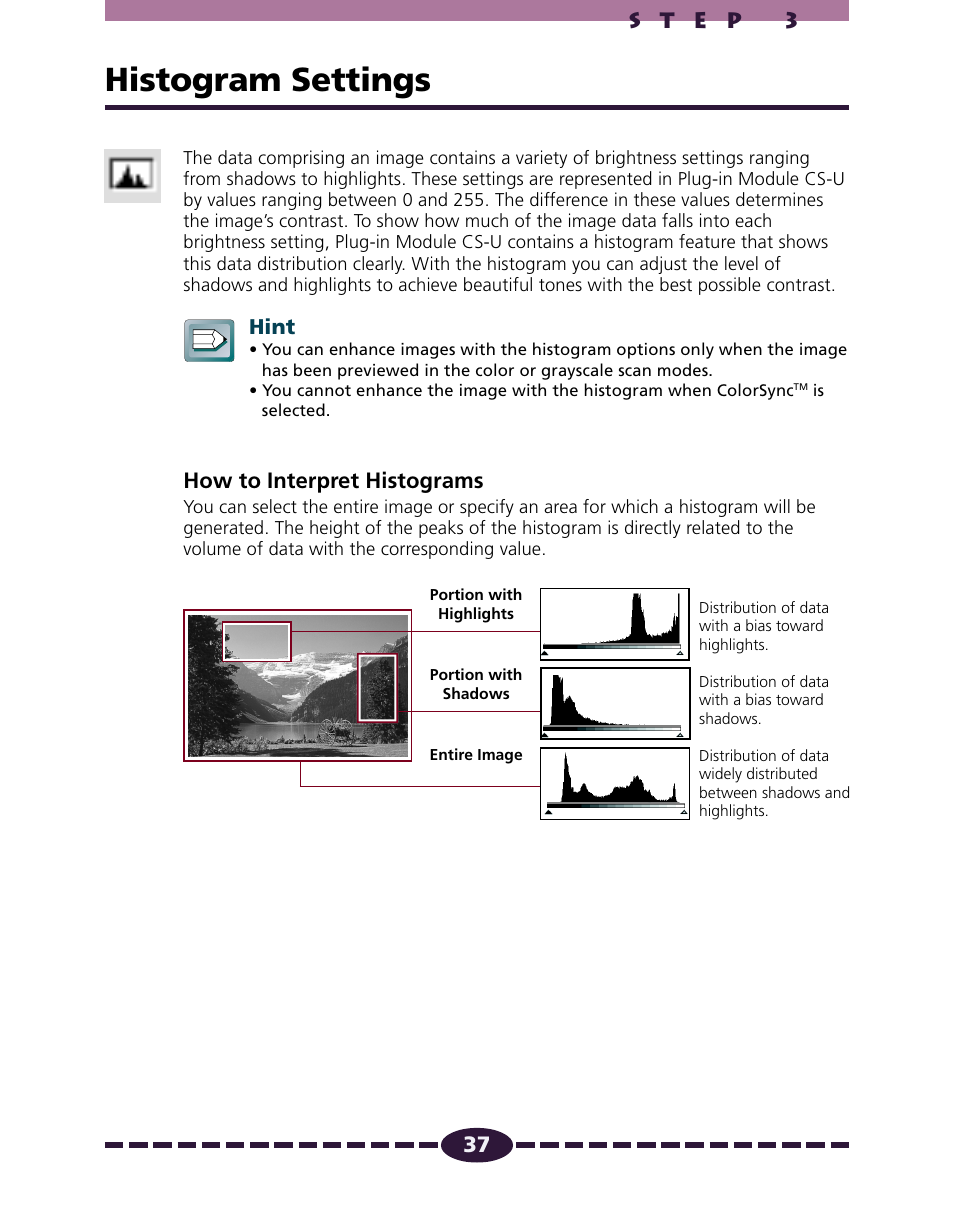 Histogram settings, P. 37, How to interpret histograms | Hint | Canon N650U User Manual | Page 37 / 67