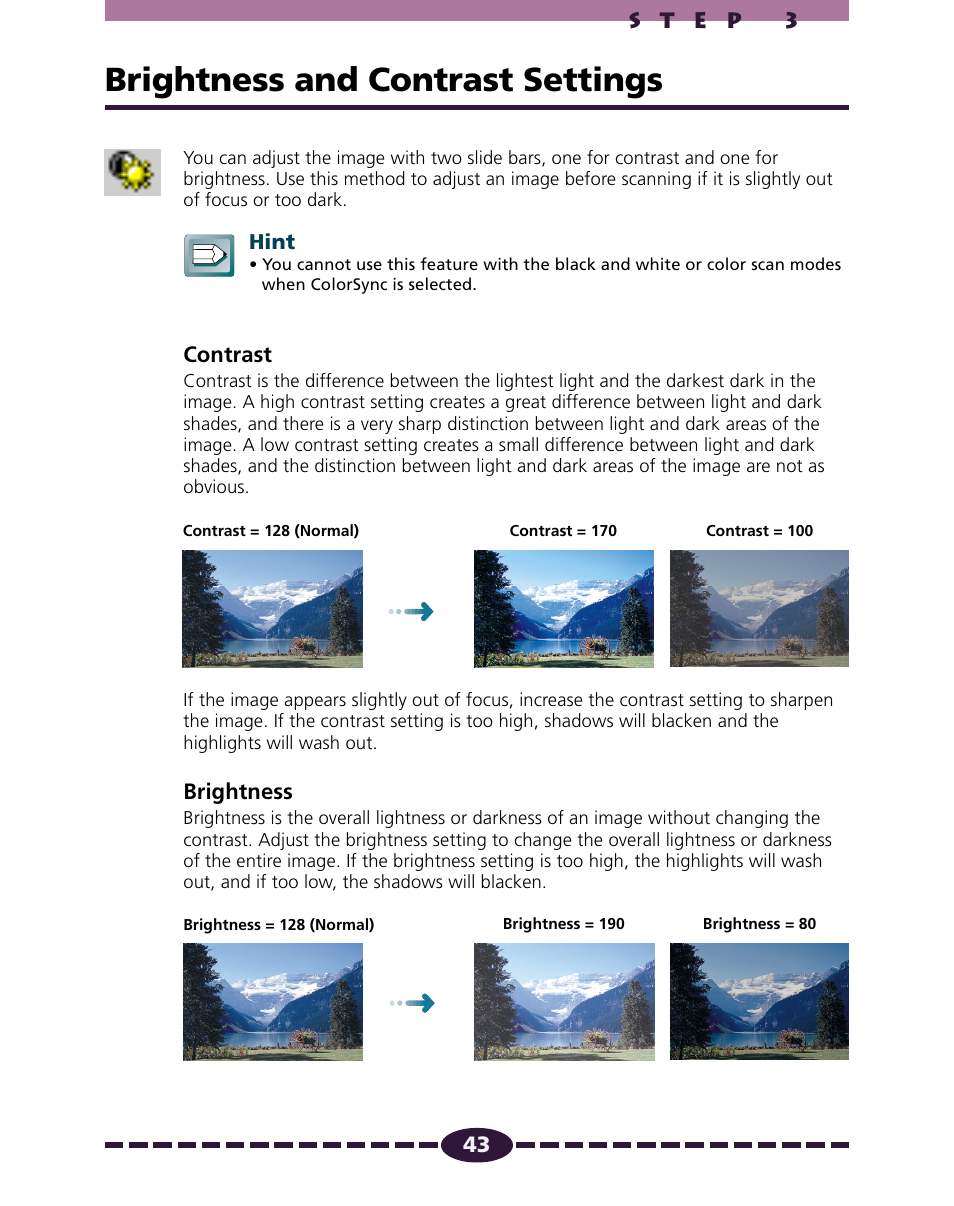 Brightness and contrast settings, P. 43 | Canon N650U User Manual | Page 43 / 67