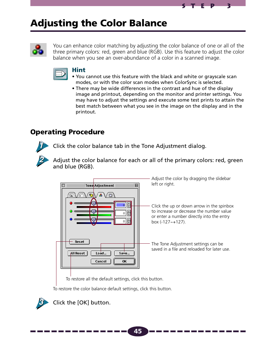 Adjusting the color balance, P. 45, Operating procedure | Canon N650U User Manual | Page 45 / 67