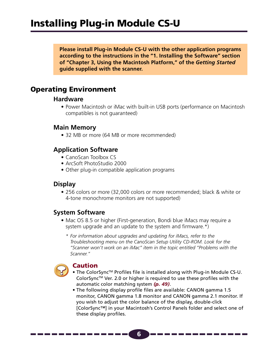 Installing plug-in module cs-u, Operating environment, Hardware | Application software, Display, System software | Canon N650U User Manual | Page 6 / 67