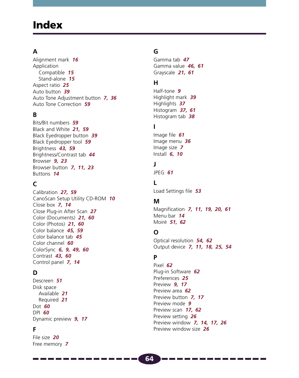 Index, P. 64 | Canon N650U User Manual | Page 64 / 67