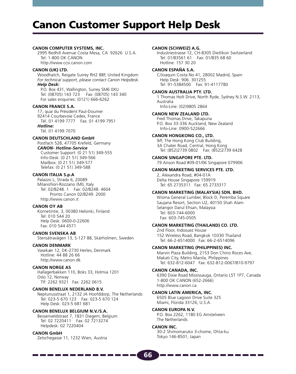 Canon customer support help desk, P. 66, E or the closest | Canon customer support, Help desk, Canon, Customer support help desk | Canon N650U User Manual | Page 66 / 67