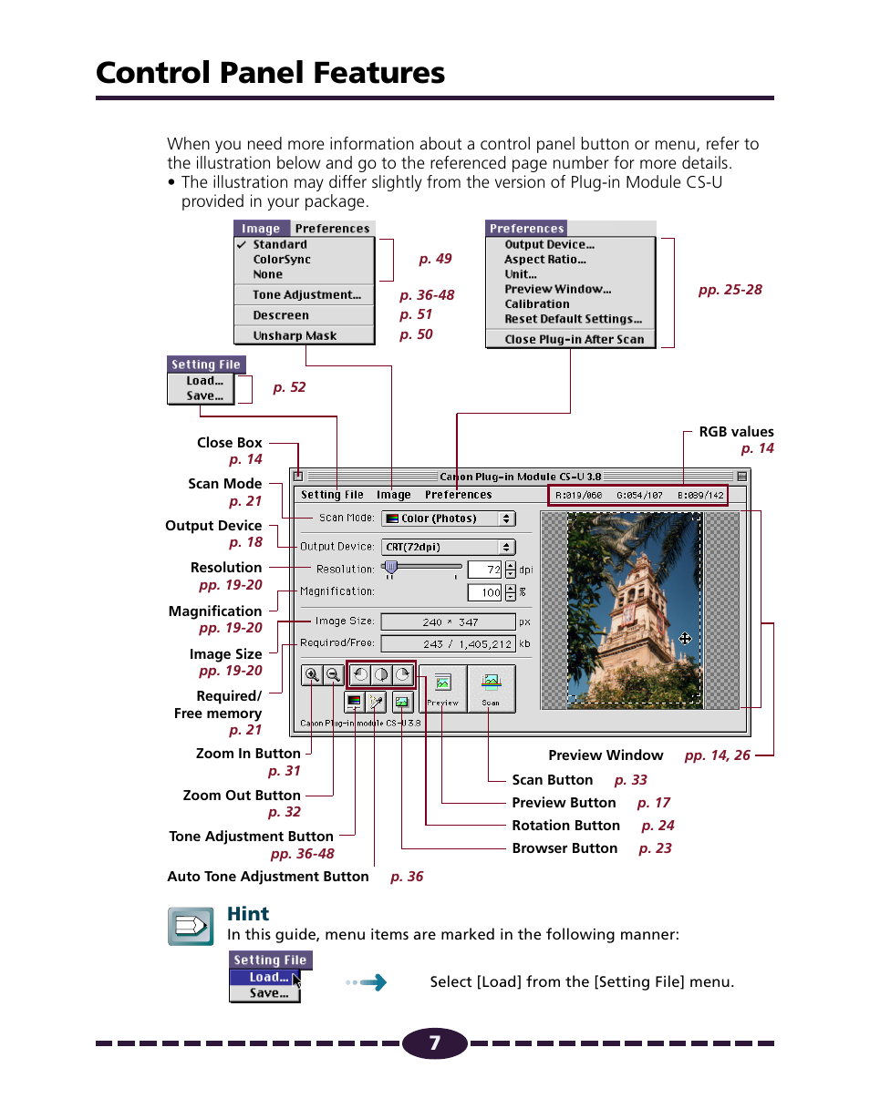 Control panel features, Hint | Canon N650U User Manual | Page 7 / 67