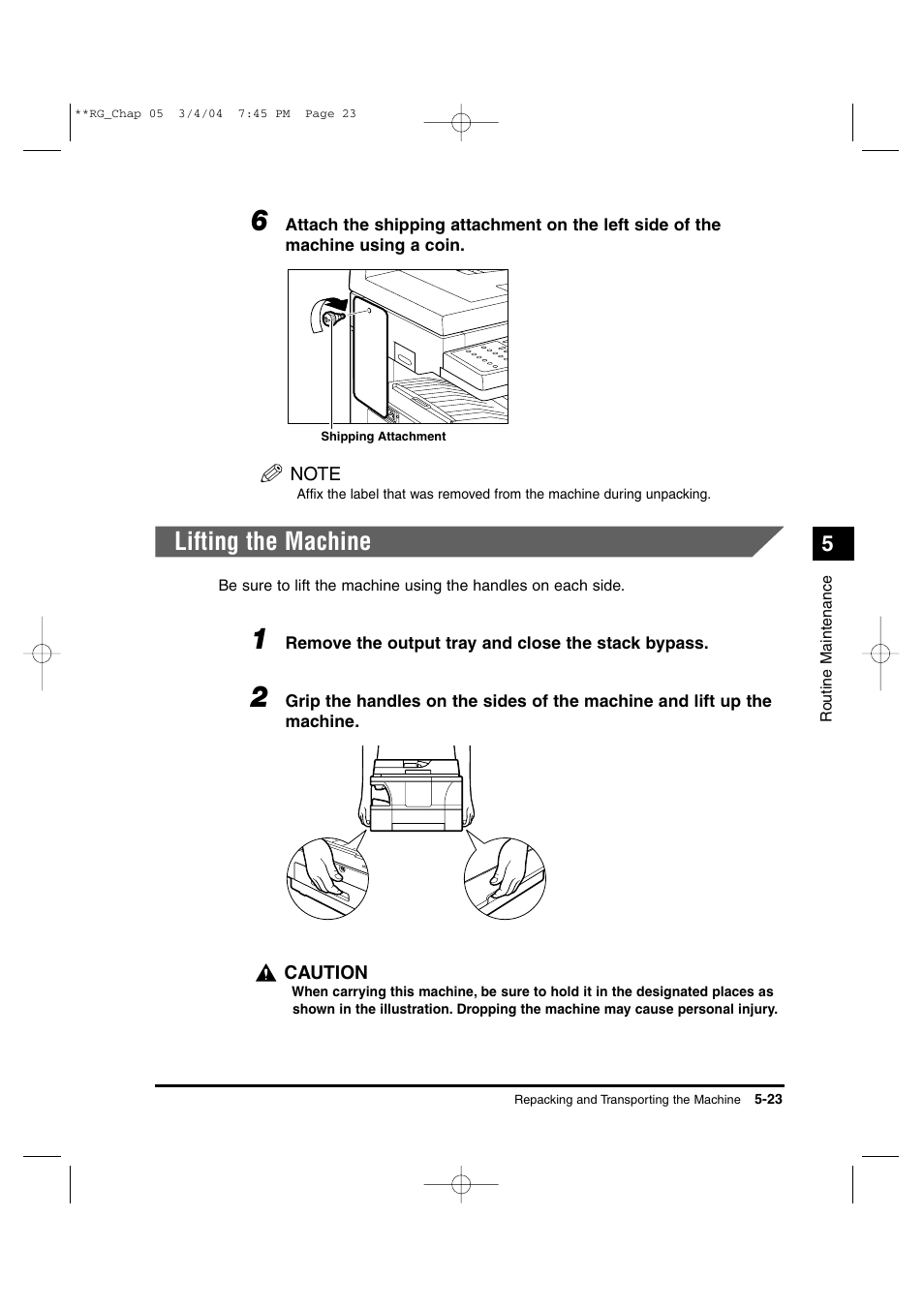 Lifting the machine | Canon IMAGERUNNER 1670F User Manual | Page 100 / 134
