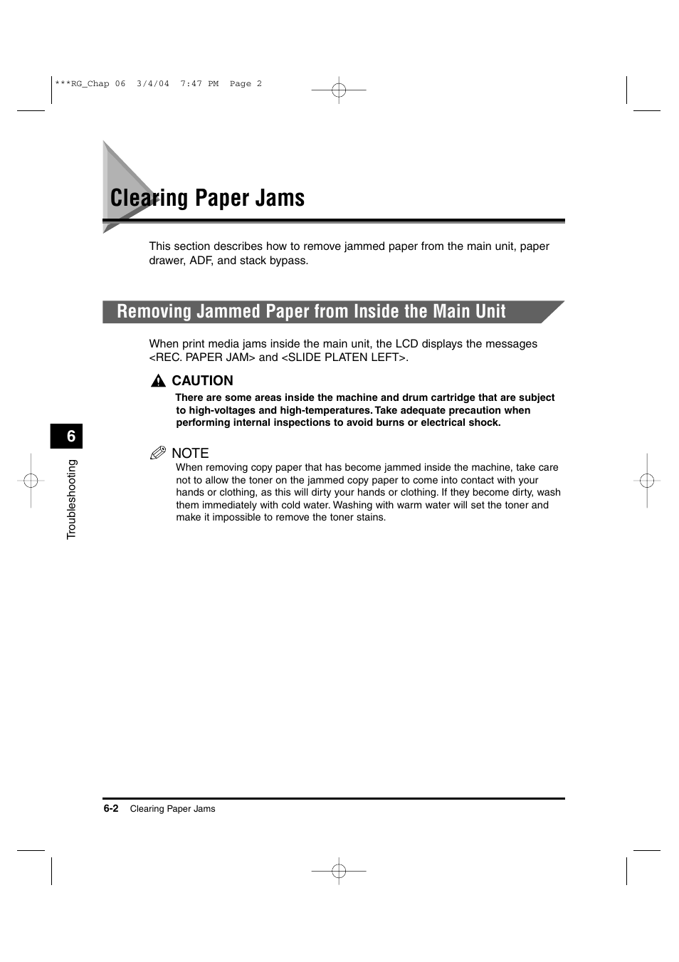 Clearing paper jams, Removing jammed paper from inside the main unit | Canon IMAGERUNNER 1670F User Manual | Page 103 / 134