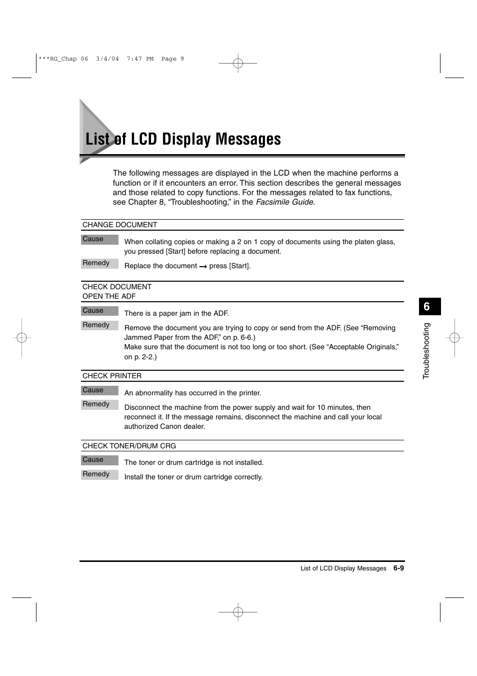 List of lcd display messages | Canon IMAGERUNNER 1670F User Manual | Page 110 / 134