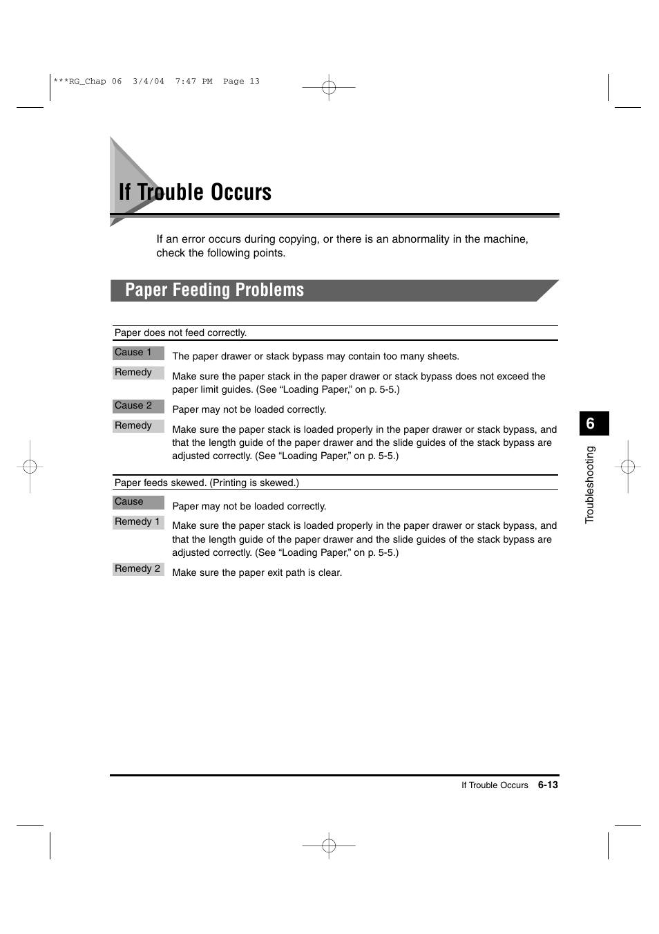 If trouble occurs, Paper feeding problems | Canon IMAGERUNNER 1670F User Manual | Page 114 / 134