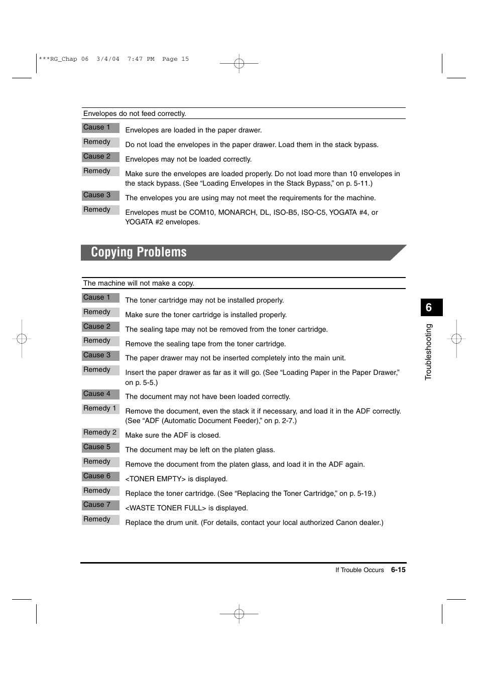 Copying problems | Canon IMAGERUNNER 1670F User Manual | Page 116 / 134