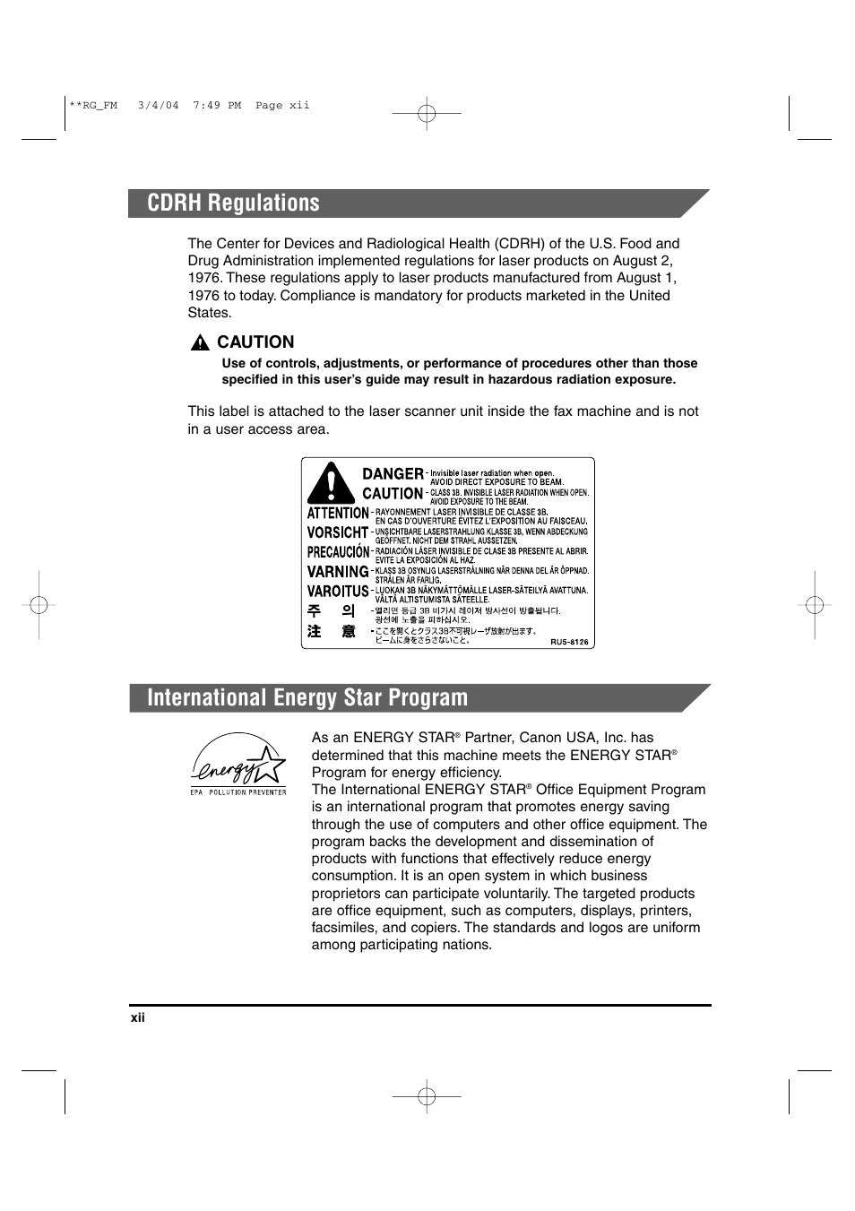 Cdrh regulations, International energy star program, Caution | Canon IMAGERUNNER 1670F User Manual | Page 13 / 134