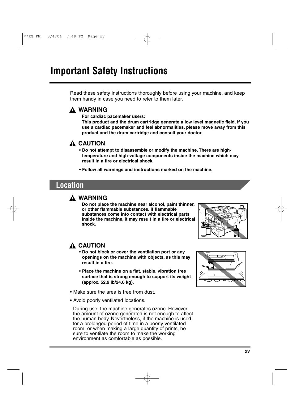 Important safety instructions, Location | Canon IMAGERUNNER 1670F User Manual | Page 16 / 134