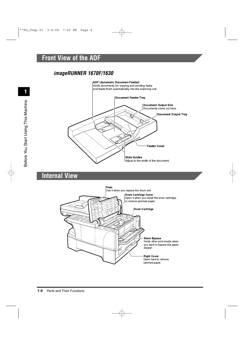 Front view of the adf, Internal view | Canon IMAGERUNNER 1670F User Manual | Page 25 / 134