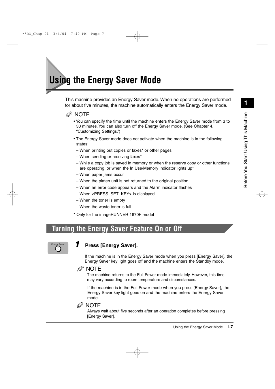 Using the energy saver mode, Turning the energy saver feature on or off | Canon IMAGERUNNER 1670F User Manual | Page 28 / 134