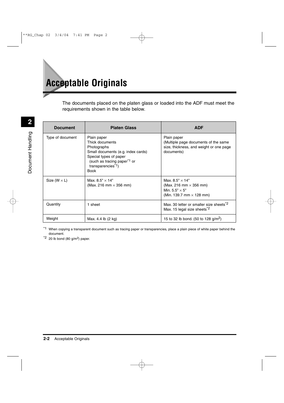 Acceptable originals | Canon IMAGERUNNER 1670F User Manual | Page 33 / 134
