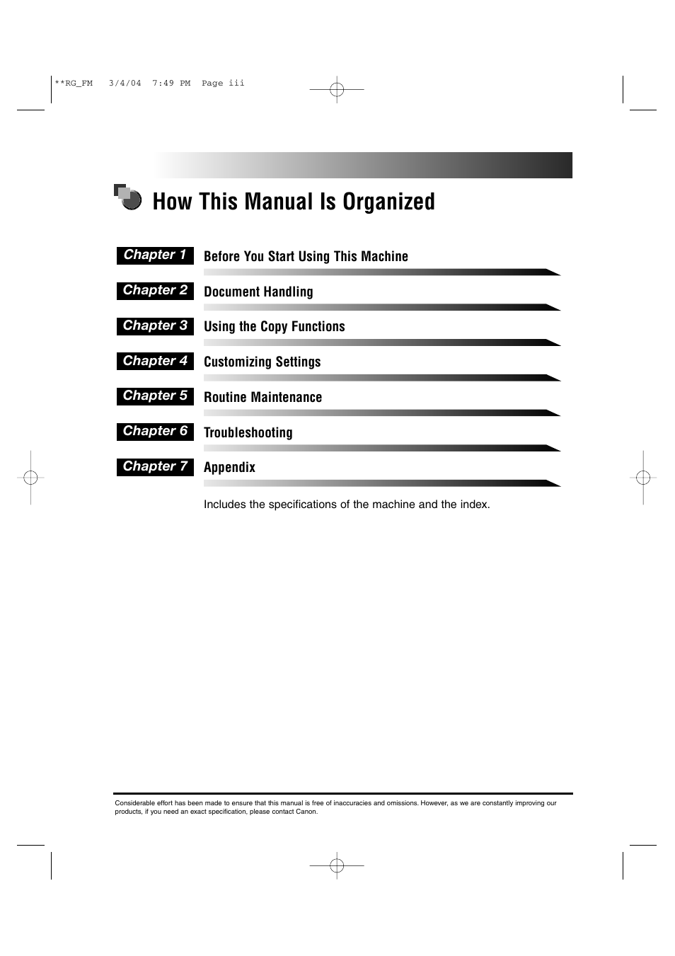 How this manual is organized | Canon IMAGERUNNER 1670F User Manual | Page 4 / 134
