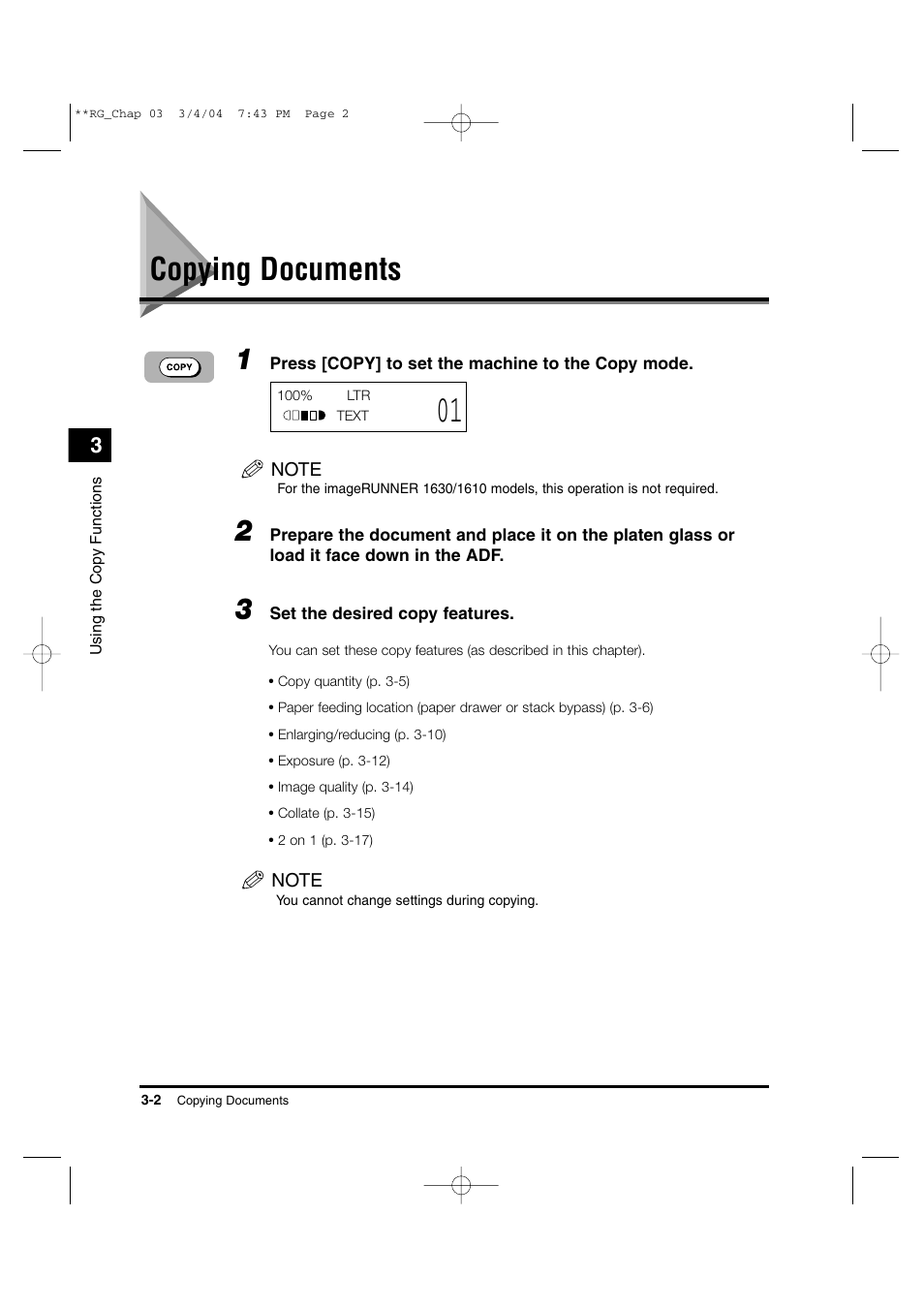 Copying documents | Canon IMAGERUNNER 1670F User Manual | Page 43 / 134