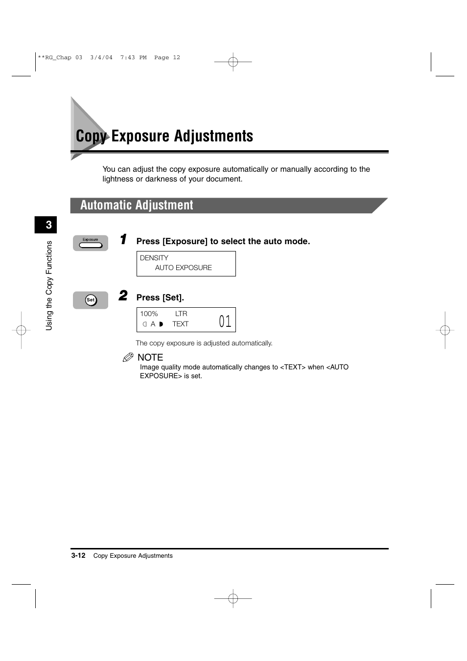 Copy exposure adjustments, Automatic adjustment | Canon IMAGERUNNER 1670F User Manual | Page 53 / 134