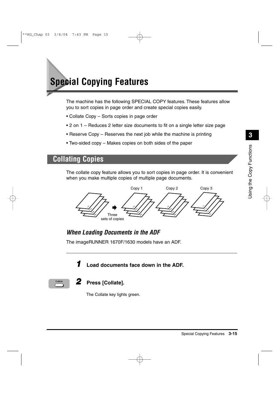 Special copying features, Collating copies, When loading documents in the adf | Canon IMAGERUNNER 1670F User Manual | Page 56 / 134
