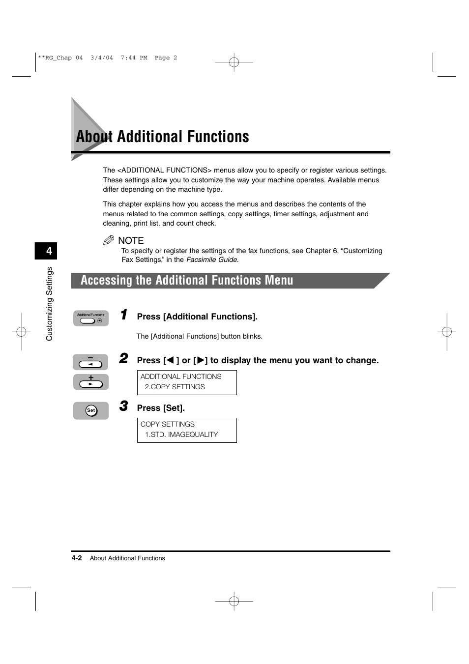 About additional functions, Accessing the additional functions menu | Canon IMAGERUNNER 1670F User Manual | Page 71 / 134