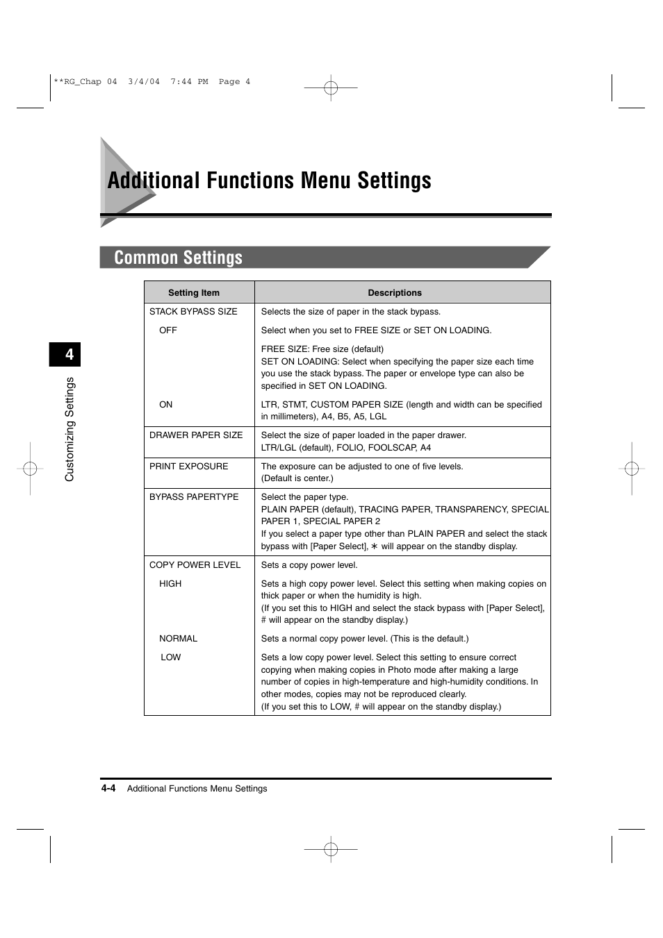 Additional functions menu settings, Common settings | Canon IMAGERUNNER 1670F User Manual | Page 73 / 134