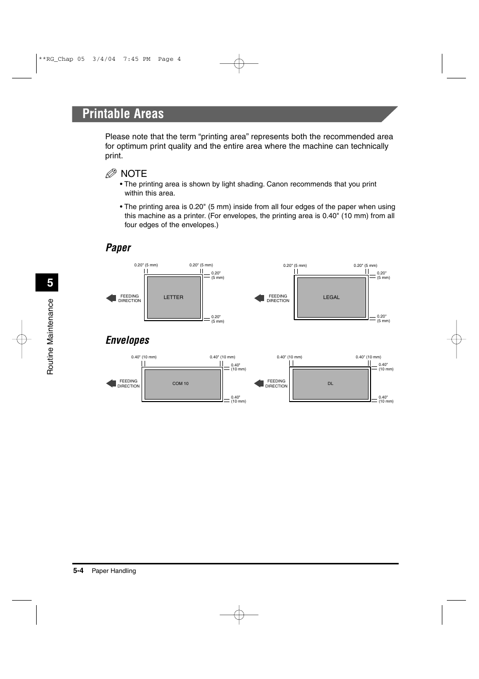 Printable areas, Paper envelopes, Routine maintenance | Canon IMAGERUNNER 1670F User Manual | Page 81 / 134