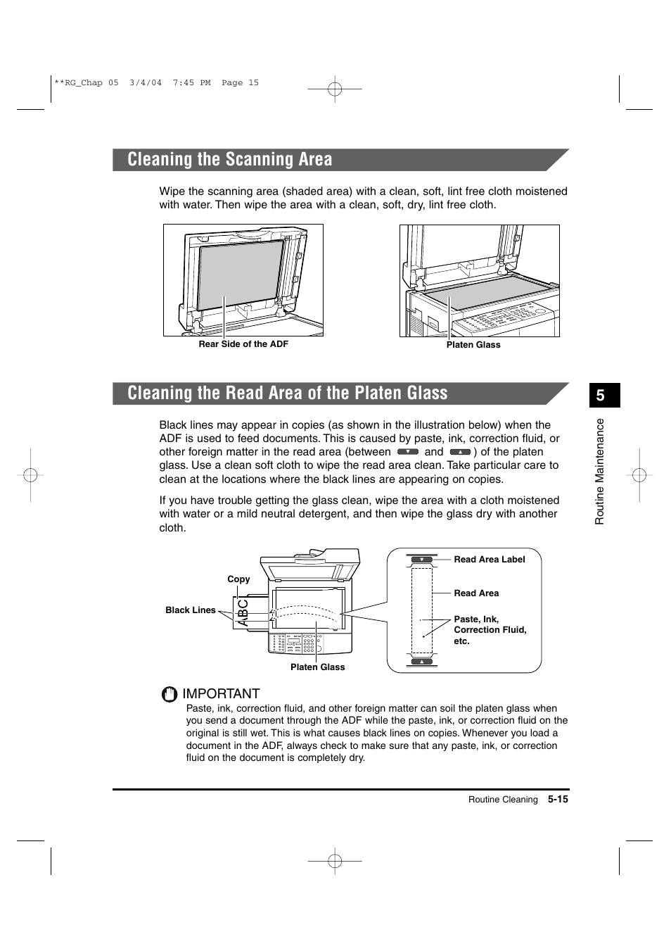 Cleaning the scanning area, Cleaning the read area of the platen glass, Important | Canon IMAGERUNNER 1670F User Manual | Page 92 / 134
