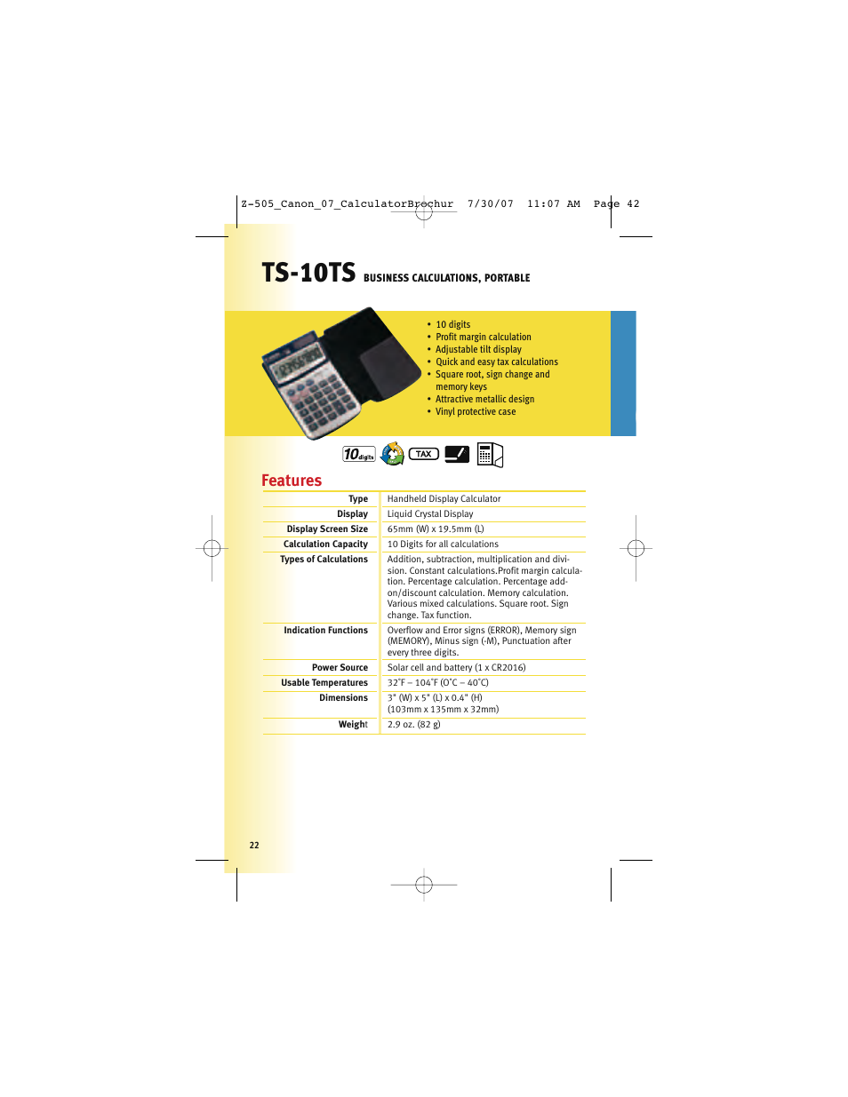 Ts-10ts, Features | Canon Z-505 User Manual | Page 21 / 66