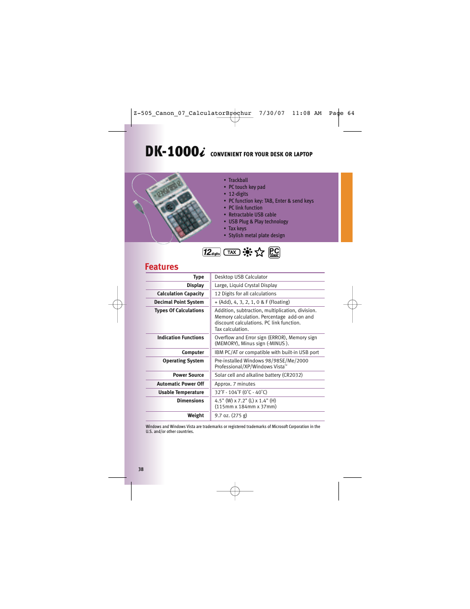 Dk-1000, Features | Canon Z-505 User Manual | Page 37 / 66