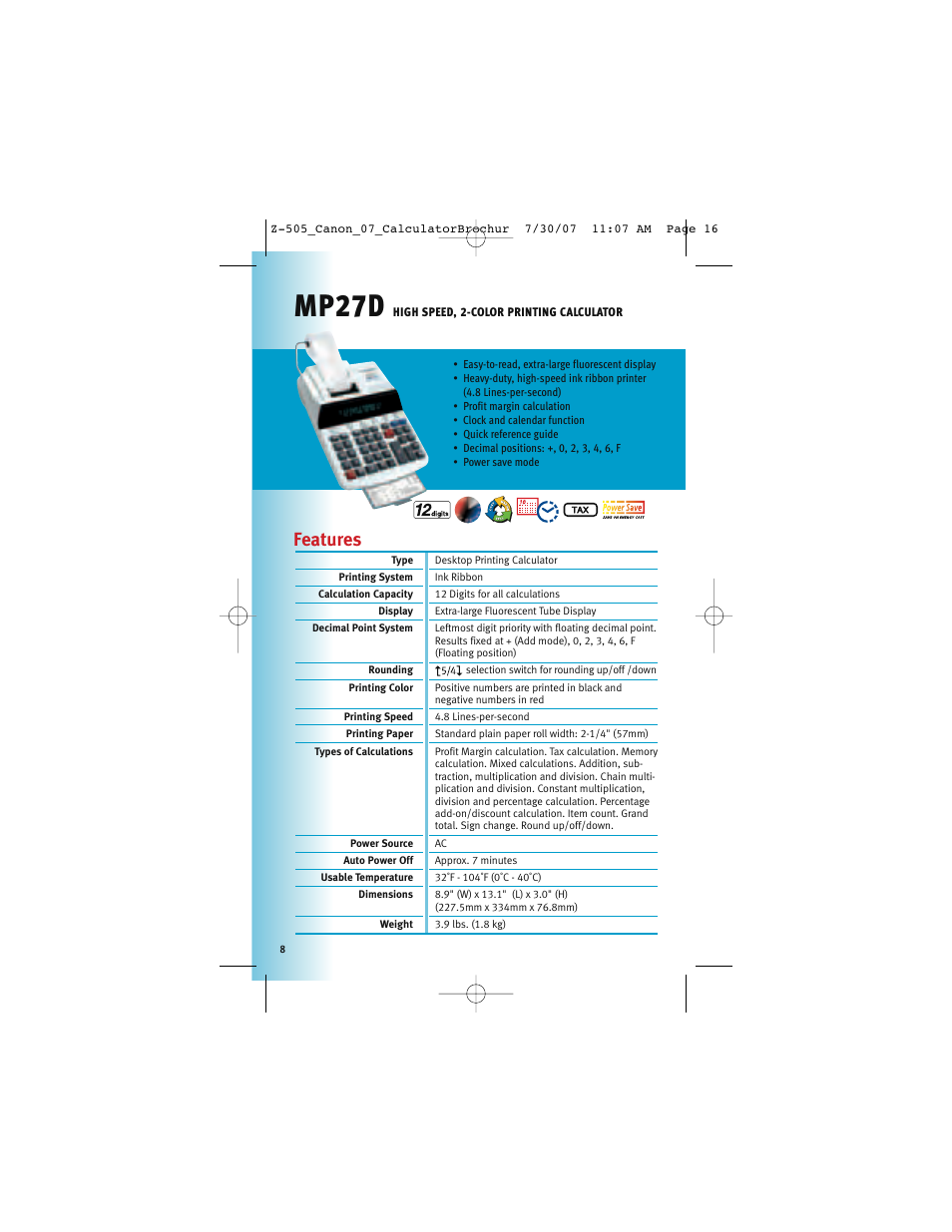 Mp27d, Features | Canon Z-505 User Manual | Page 7 / 66