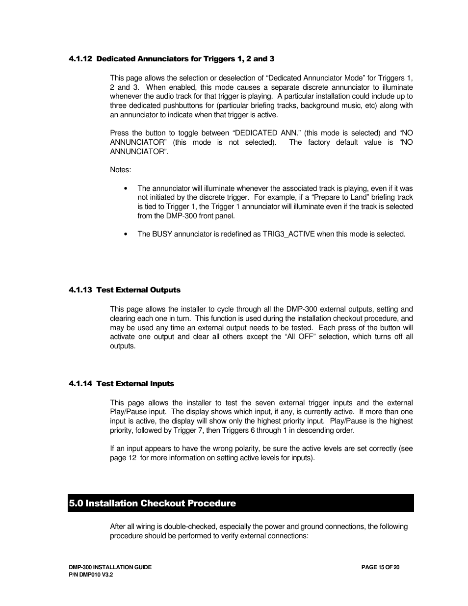 0 installation checkout procedure | Avionics Innovations DMP-300 (MP3 Player) Installation Manual User Manual | Page 15 / 20