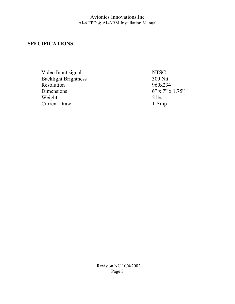 Ai-6 fpd & ai-arm installation manual, Specifications, Current draw1 amp | Avionics Innovations AI-FPD-6 with Arm User Manual | Page 4 / 12