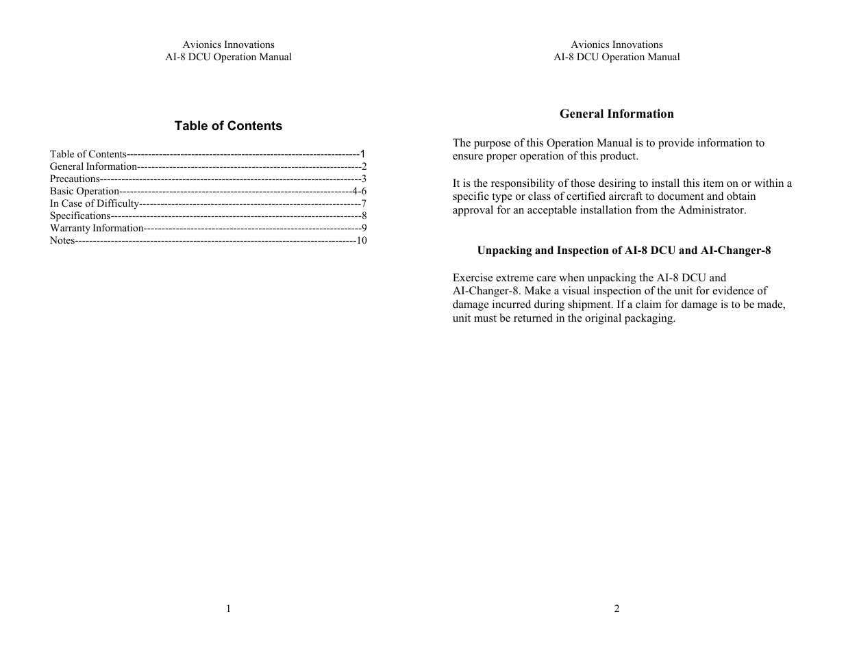 Avionics Innovations AI 8-DCU P/N: 11001 Operation Manual User Manual | 7 pages