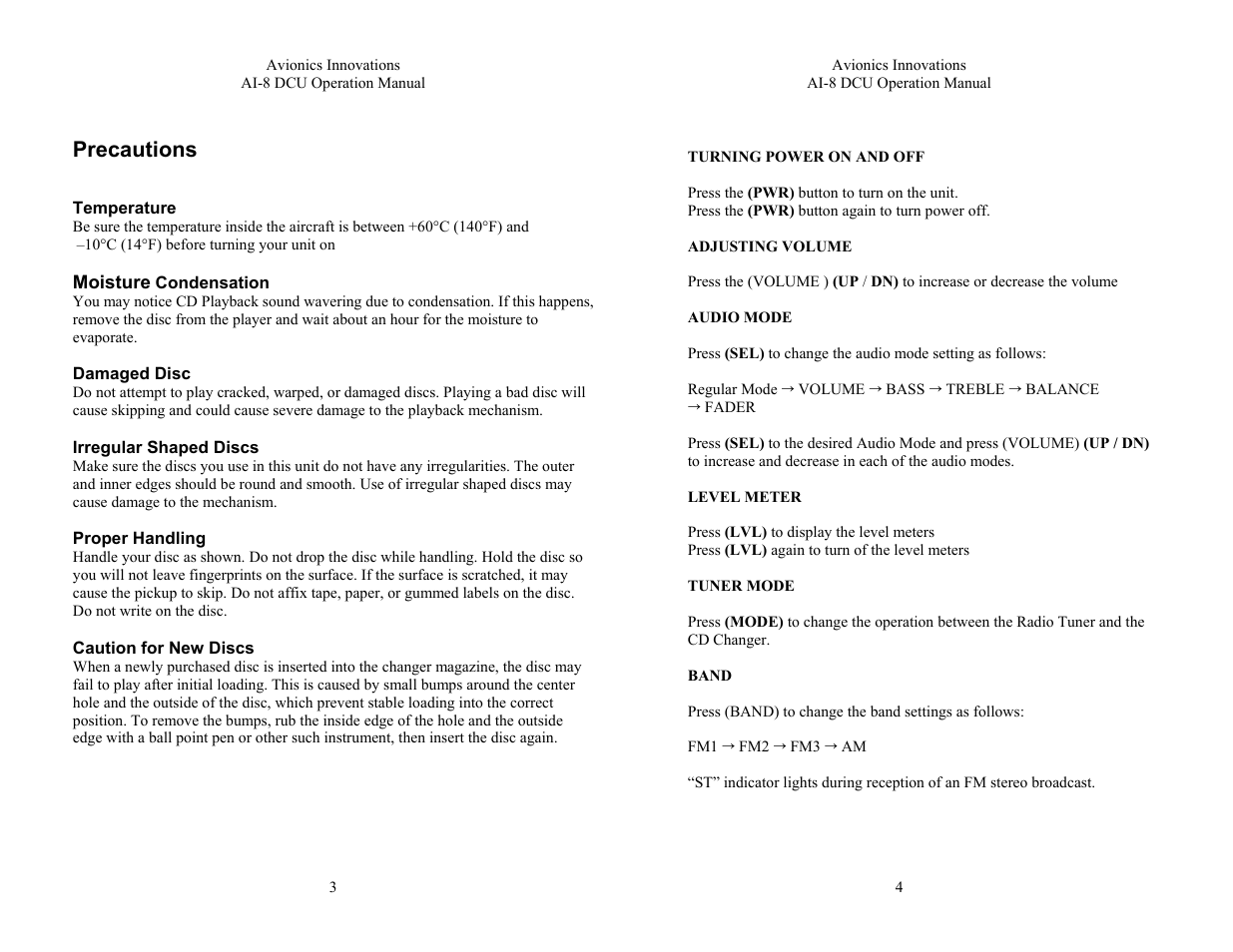 General information, Precautions | Avionics Innovations AI 8-DCU P/N: 11001 Operation Manual User Manual | Page 2 / 7