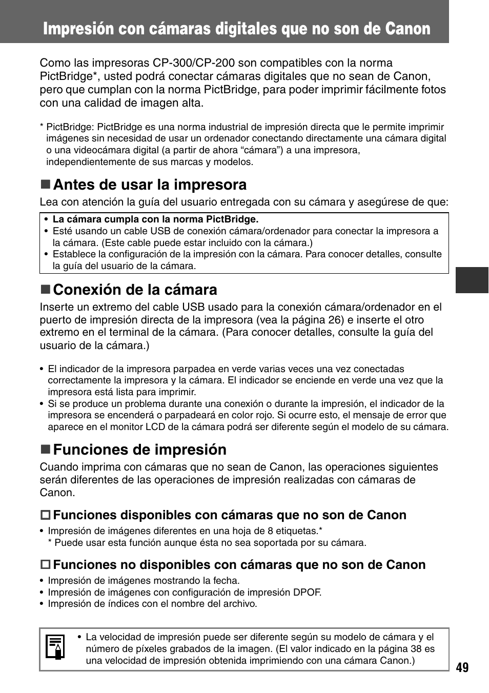 Antes de usar la impresora, Conexión de la cámara, Funciones de impresión | Canon CDI-M113-010 User Manual | Page 100 / 154