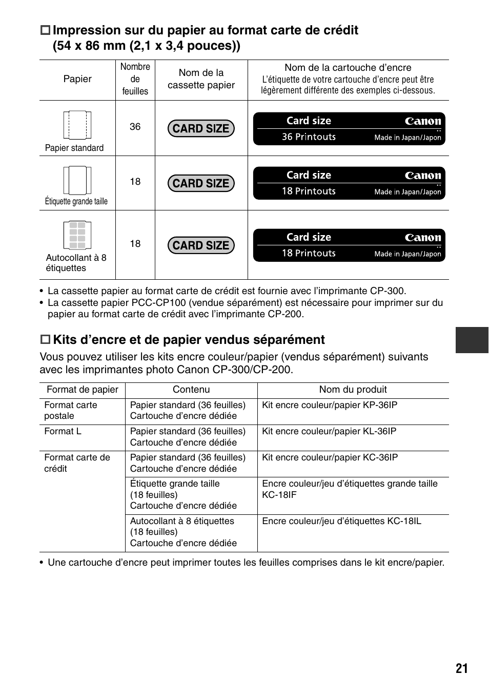 Kits d’encre et de papier vendus séparément | Canon CDI-M113-010 User Manual | Page 122 / 154