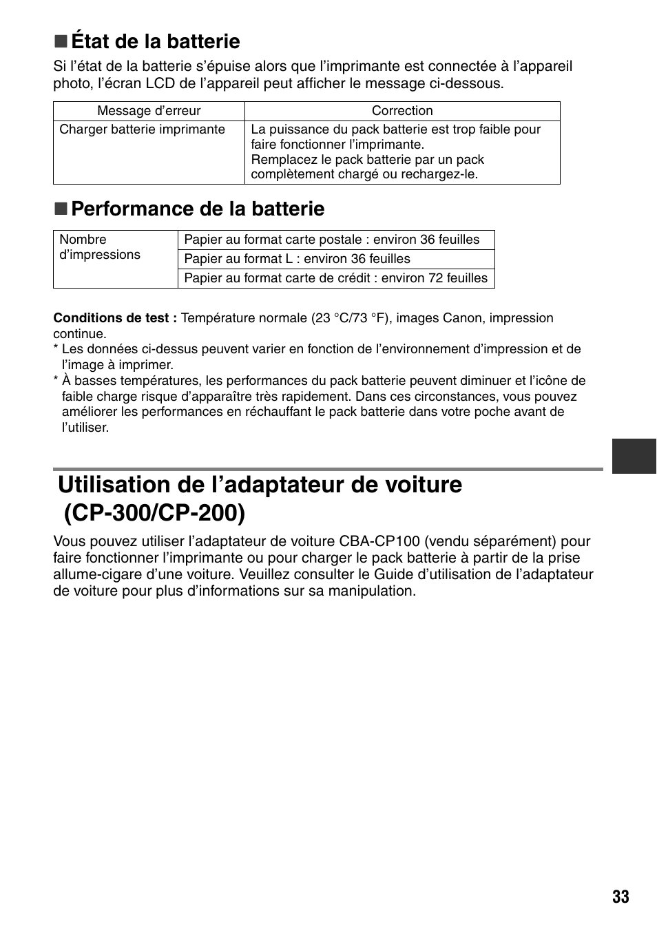 État de la batterie, Performance de la batterie | Canon CDI-M113-010 User Manual | Page 134 / 154