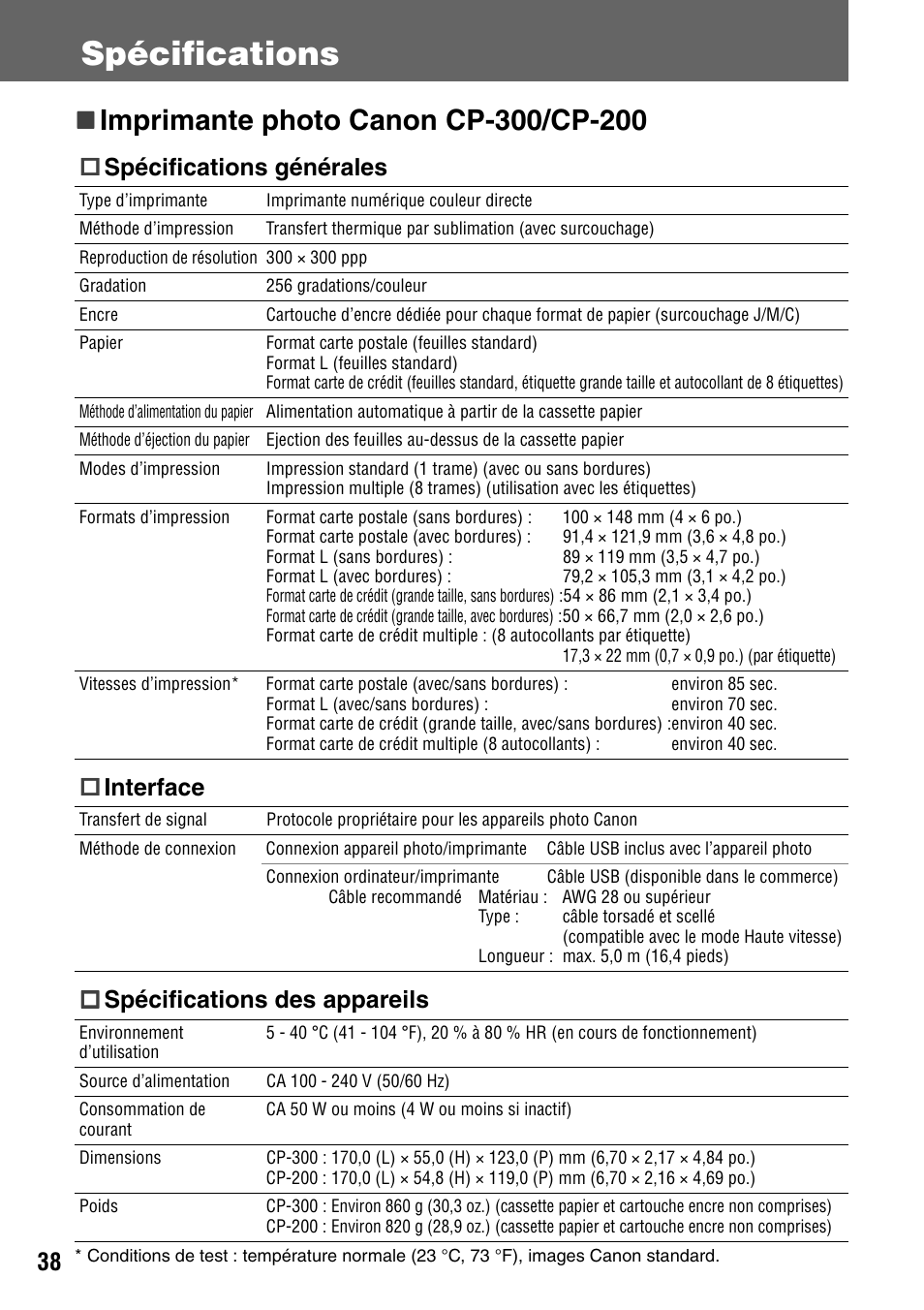 Spécifications, Spécifications générales, Interface | Spécifications des appareils | Canon CDI-M113-010 User Manual | Page 139 / 154
