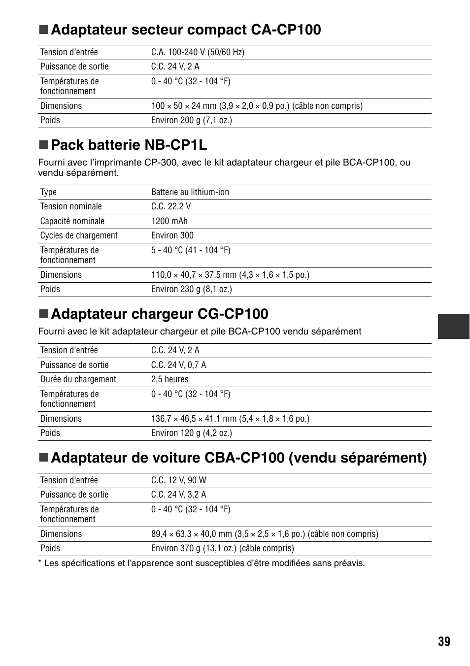 Adaptateur chargeur cg-cp100, Adaptateur de voiture cba-cp100 (vendu séparément) | Canon CDI-M113-010 User Manual | Page 140 / 154