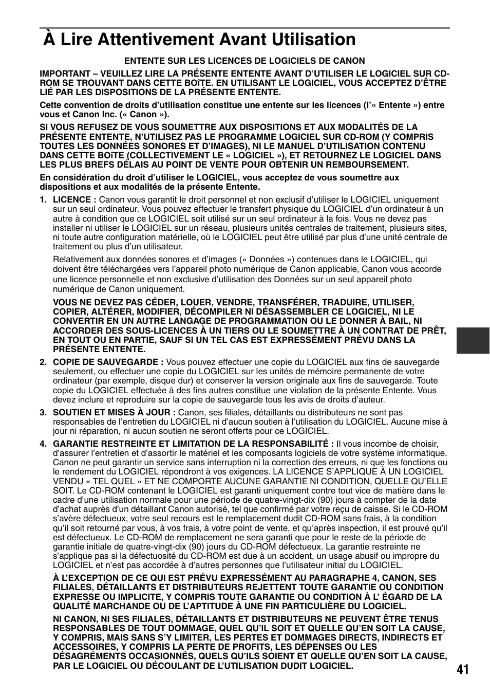 À lire attentivement avant utilisation | Canon CDI-M113-010 User Manual | Page 142 / 154